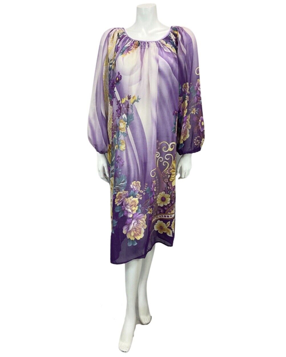 VINTAGE 60s 70s PURPLE LILAC YELLOW FLORAL BOHO SHEER MIDI DRESS 10 12 14 16 18