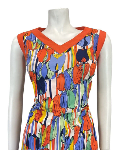 VINTAGE 60s 70s ORANGE BLUE GREEN TULIP FLOWER MOD SLEEVELESS DRESS 12