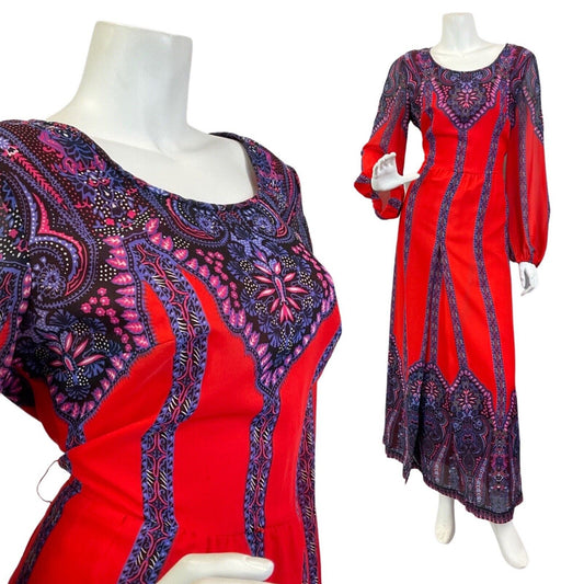 VINTAGE 60s 70s RED PURPLE BLACK FLORAL MANDALA BOHO FOLK MAXI DRESS 14