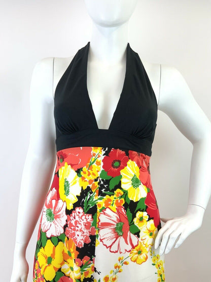 VINTAGE 60s 70s BLACK WHITE YELLOW RED FLORAL PLUNGING HALTER MAXI DRESS 14