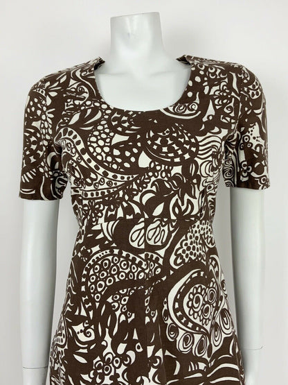 VTG 60s 70s WHITE BROWN PSYCHEDELIC FLORAL PAISLEY HANDPRINTED MINI DRESS 10