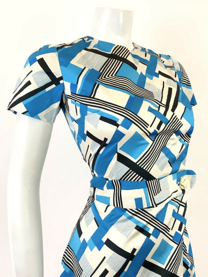 VINTAGE 60s 70s WHITE BLUE BLACK GEOMETRIC CHECKED MINI MOD DRESS 8 10