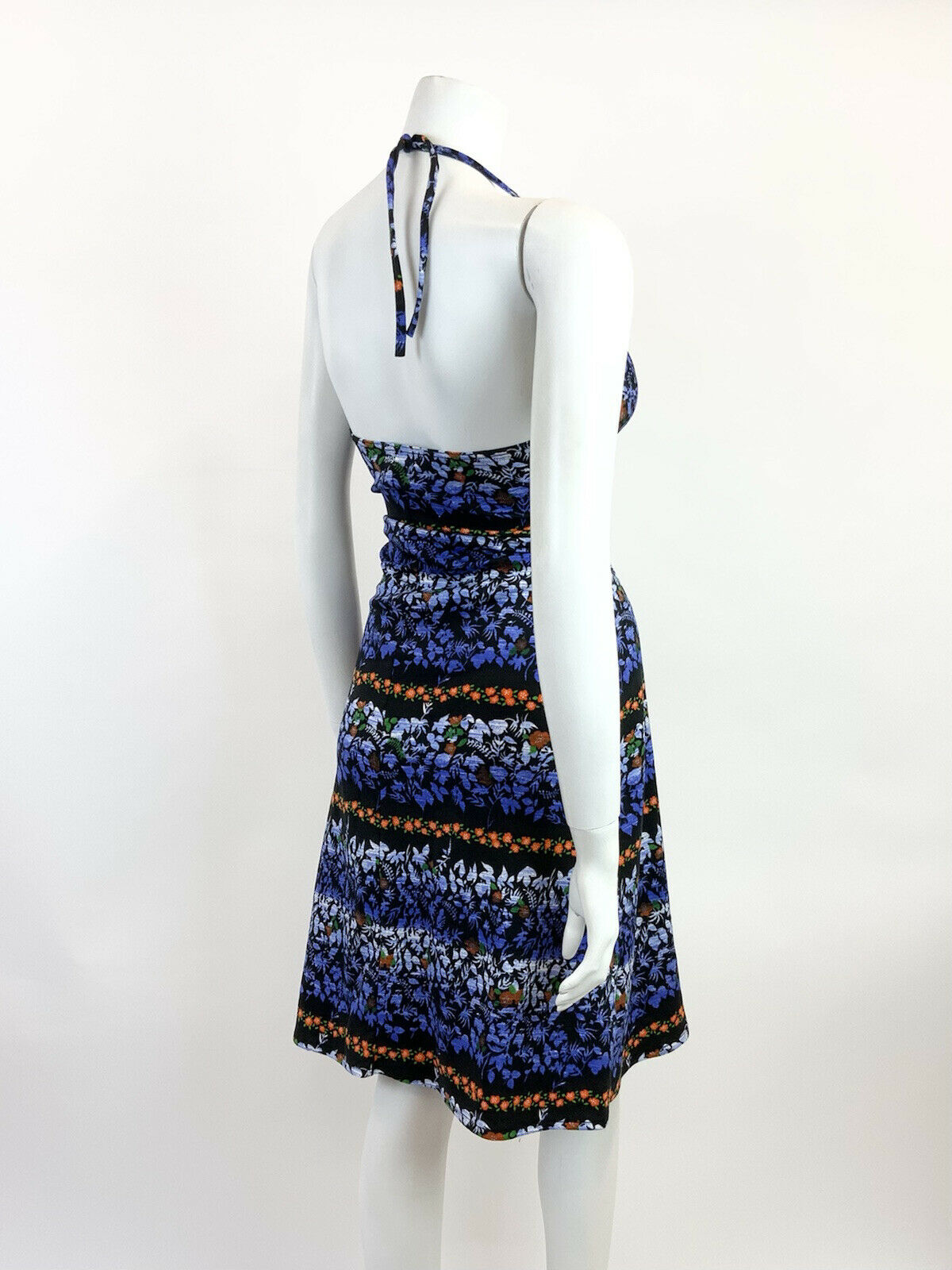 VINTAGE 60s 70s BLACK BLUE ORANGE WHITE FLORAL PSYCHEDELIC HALTER MINI DRESS 10