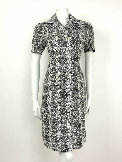 VINTAGE 60s 70s WHITE BLACK GOLD DOUBLE-BREASTED FLORAL SHIRT DRESS 10 12