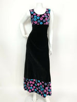 VTG 60s 70s BLACK BLUE PURPLE PINK PSYCHEDELIC FLOWER VELVET MAXI DRESS 8