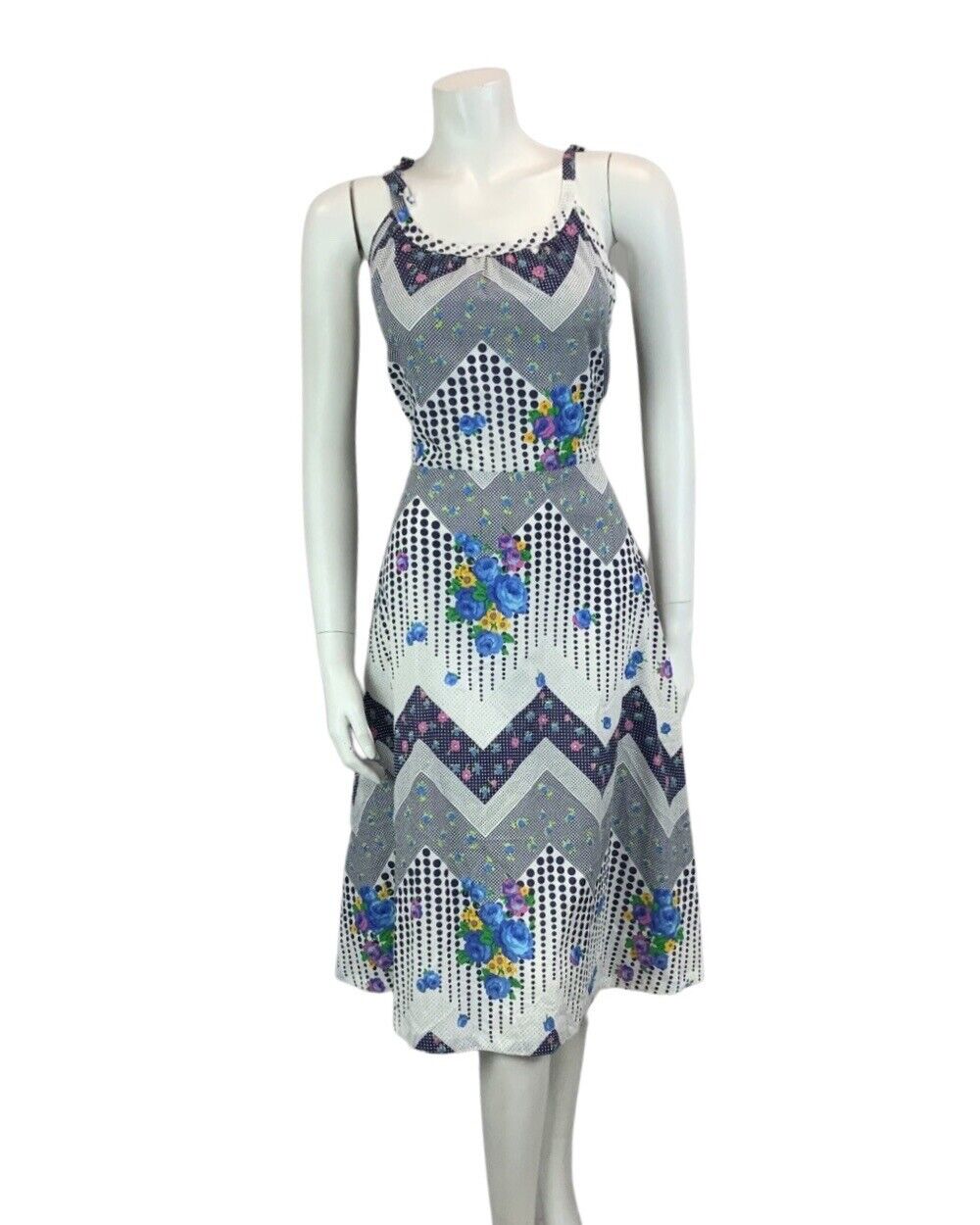 VINTAGE 60s 70s WHITE NAVY BLUE POLKA DOT FLORAL SUMMER  DRESS 12