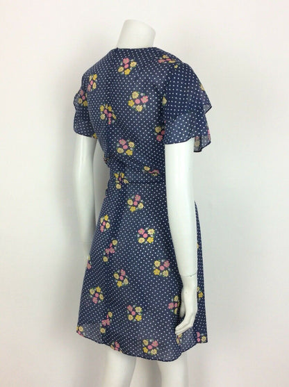 VINTAGE 60s 70s TEA DRESS POLKA DOT FLORAL RUFFLE BLUE WHITE PINK YELLOW 12