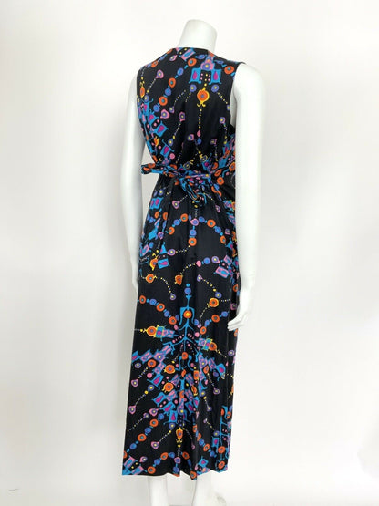 VINTAGE 60s 70s GEOMETRIC ABSTRACT BLACK BLUE PINK ORANGE WRAP MAXI DRESS 10