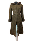 VINTAGE 60s 70s DARK BROWN SUEDE LEATHER SHEARLING HOODED PRINCESS COAT 14 16