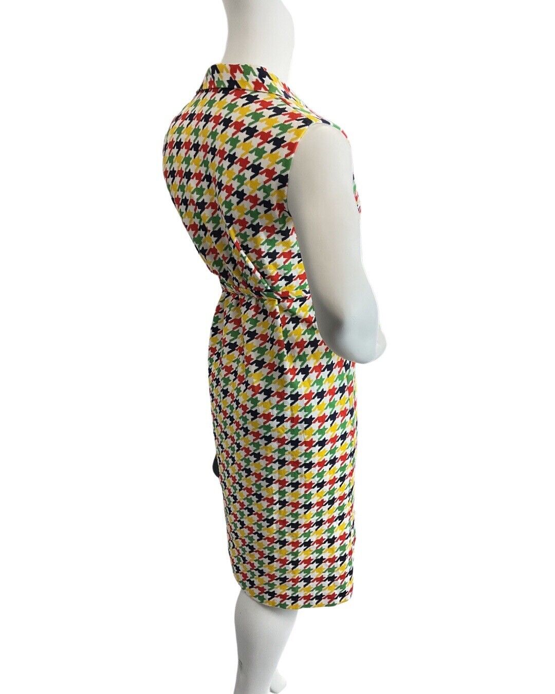 VINTAGE 60s 70s WHITE RED GREEN BLACK DOGTOOTH MOD SLEEVELESS SHIRT DRESS 16