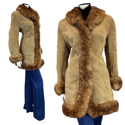 VINTAGE 60s 70s LIGHT BROWN MOD BOHO SUEDE SHEARLING SHORT COAT 14 16