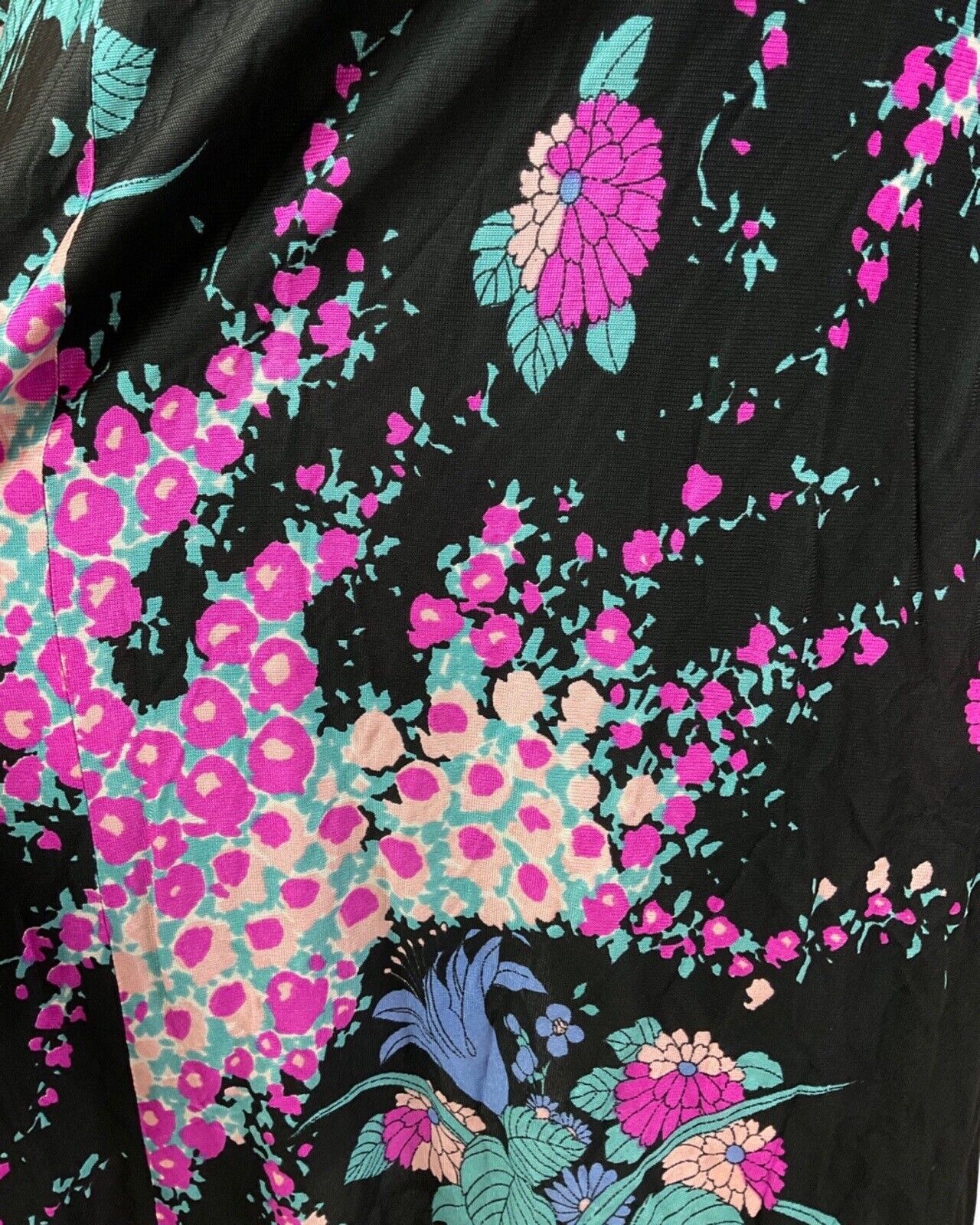 VINTAGE 60s 70s BLACK PINK BLUE FLORAL LEAFY ANGEL SLEEVE MAXI DRESS 12 14