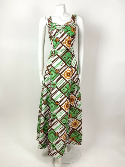 VTG 60s 70s WHITE BROWN ORANGE GREEN PIXEL GEOMETRIC CHECKED MAXI DRESS 12 14