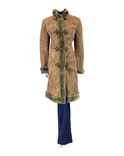 VINTAGE 60s 70s LIGHT BROWN SUEDE BROCADE DR ZHIVAGO SHEARLING LONG COAT 14 16