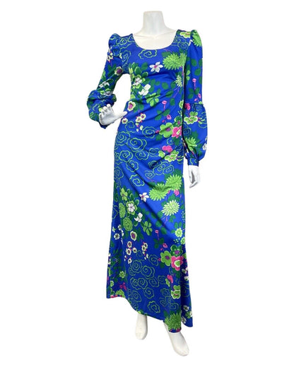 VINTAGE 60s 70s BLUE GREEN PINK PSYCHEDELIC FLORAL JULIET SLEEVE MAXI DRESS 8 10