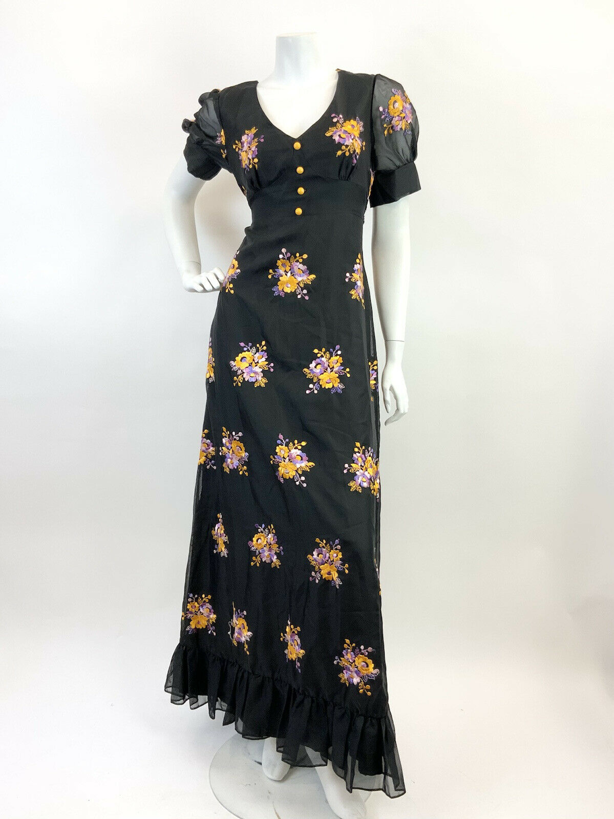 VINTAGE 60s 70s BLACK PURPLE YELLOW EMBROIDERED FLORAL SHEER MAXI DRESS 12