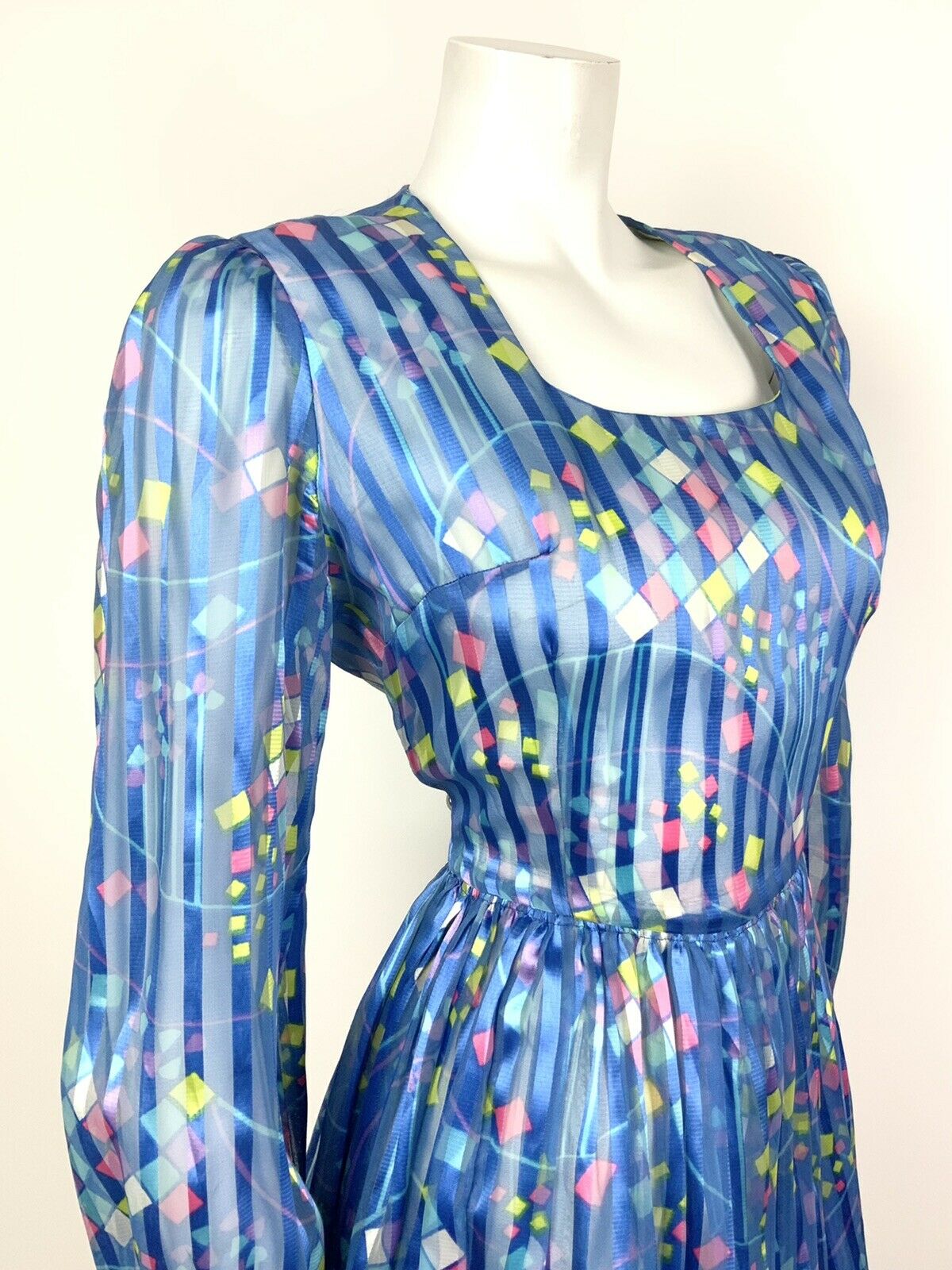 VINTAGE 60s 70s METALLIC BLUE WHITE PINK YELLOW STRIPED SQUARE SHEER DRESS 10