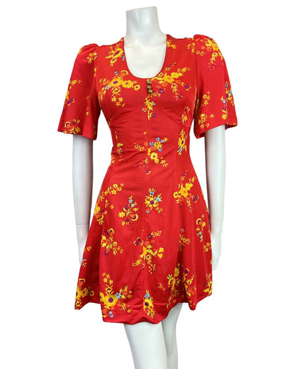 VINTAGE 60s 70s RED YELLOW BLUE FLORAL BELL SLEEVE MOD MINI SWING DRESS 8