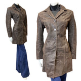 VINTAGE 60s 70s DARK BROWN MID-LENGTH TRENCH LONG LEATHER COAT 14