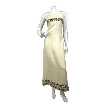 VINTAGE 60s 70s CREAM BLUE GOLD SEQUIN BEADED EMPIRE LINE PARTY MAXI DRESS 10 12