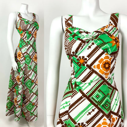 VTG 60s 70s WHITE BROWN ORANGE GREEN PIXEL GEOMETRIC CHECKED MAXI DRESS 12 14