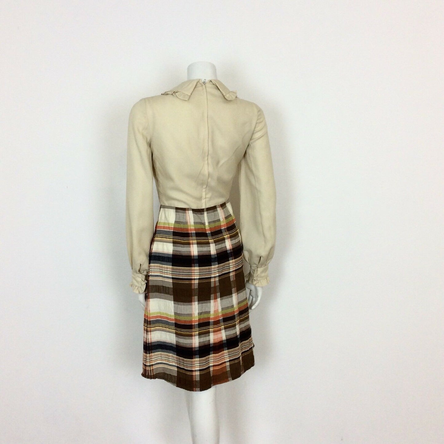 VINTAGE 60S CREAM,BROWN  PLAID TARTAN MAD MEN SECRETARY DAY DRESS 8 10