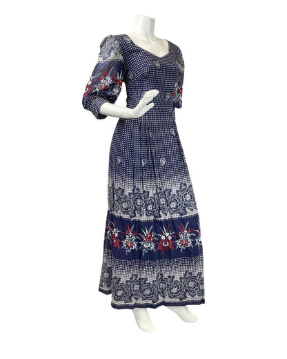 VINTAGE 60s 70s BLUE WHITE RED CHECKED FLORAL EMBROIDERED MAXI DRESS 14 16