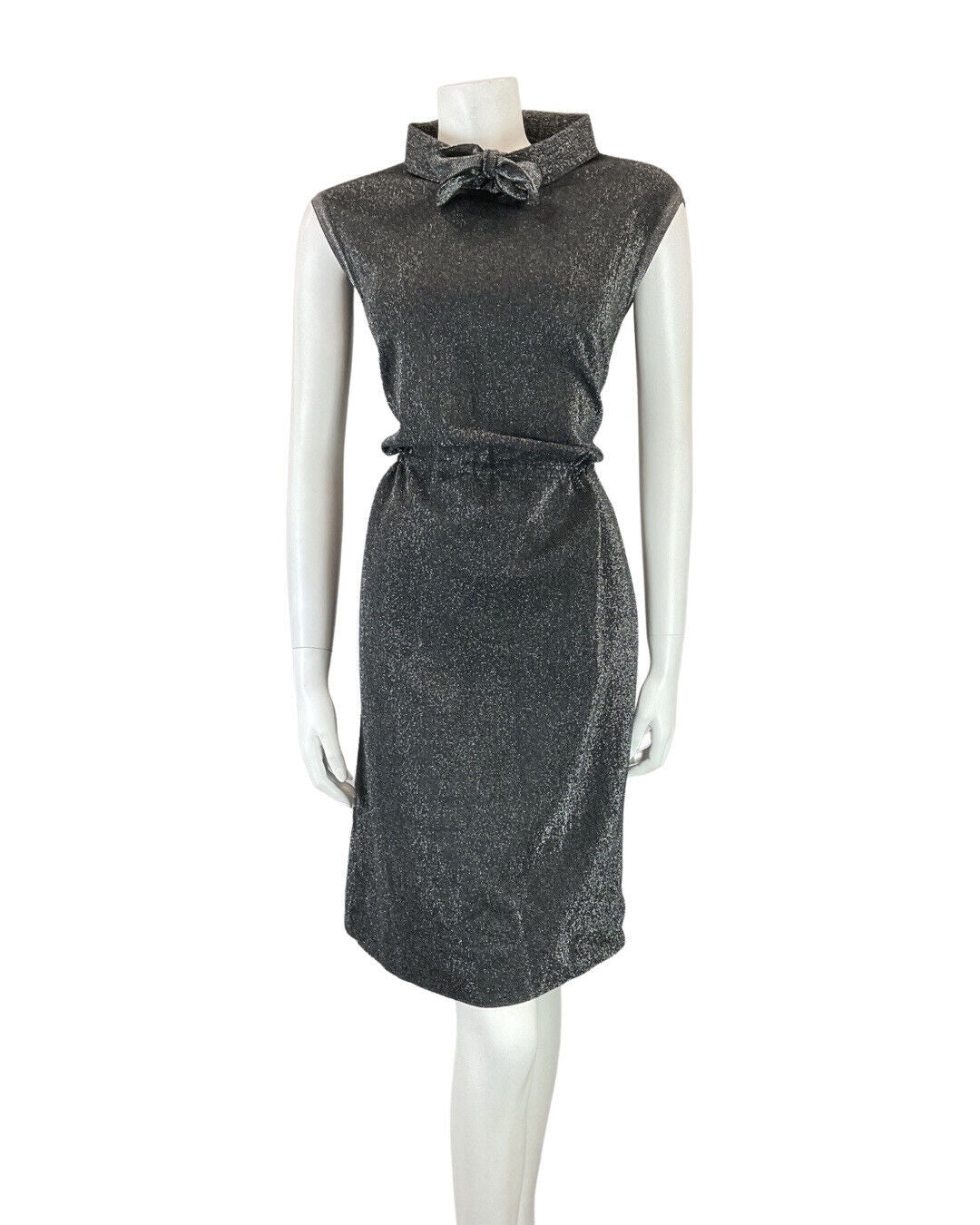 VINTAGE 60s 70s GREY SILVER LUREX GLITTER DISCO PARTY MOD SLEEVELESS DRESS 10 12