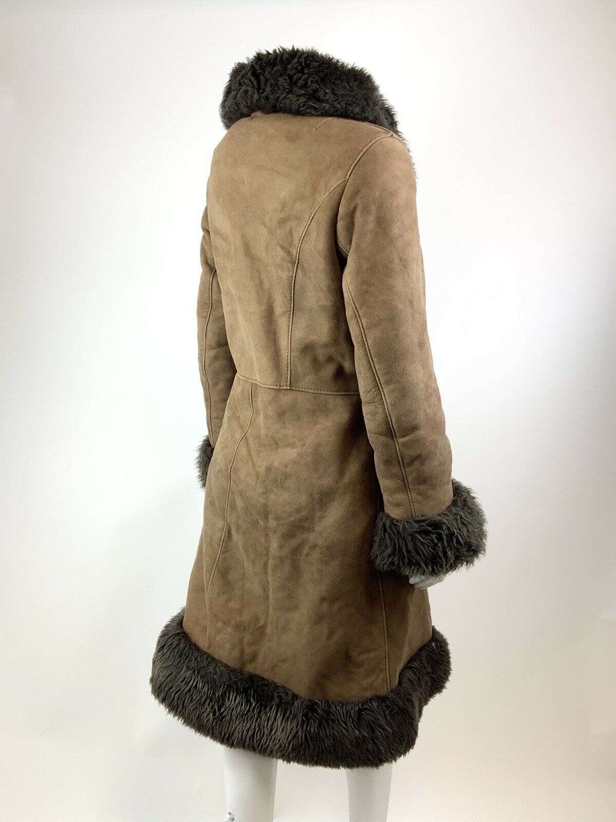 VTG 60s 70s DARK BROWN SHEARLING FUR SUEDE LEATHER BOHO MOD PRINCESS COAT 12 14