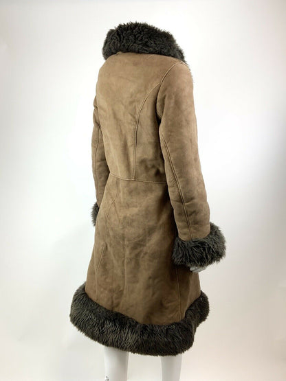 VTG 60s 70s DARK BROWN SHEARLING FUR SUEDE LEATHER BOHO MOD PRINCESS COAT 12 14