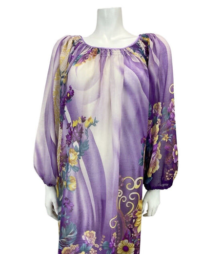 VINTAGE 60s 70s PURPLE LILAC YELLOW FLORAL BOHO SHEER MIDI DRESS 10 12 14 16 18