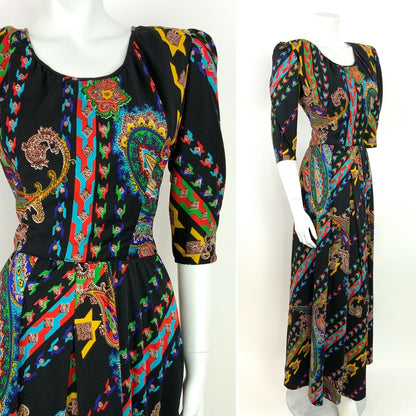 VINTAGE 60s 70s PAISLEY PSYCHEDELIC BLACK YELLOW BLUE RED GREEN  MAXI DRESS 8