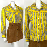 VTG 60s 70s YELLOW BLUE WHITE STRIPED DAISY FLORAL MOD DAGGER SHIRT BLOUSE 12 14