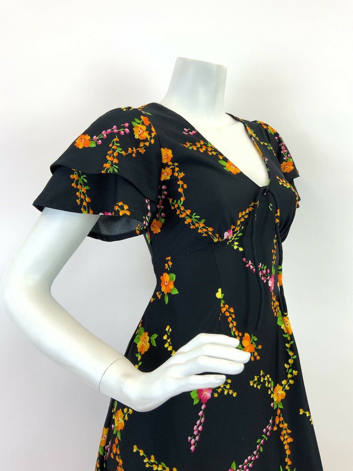 VINTAGE 60s 70s BLACK YELLOW GREEN PINK FLORAL VINE RUFFLED MAXI DRESS 10