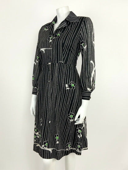 VINTAGE 60s 70s BLACK WHITE GREEN FLORAL DAISY STRIPED SHIRT DRESS 10