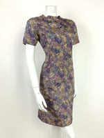 VTG 60s 70s PURPLE BLUE GREEN GOLD FLORAL WATERCOLOUR BATIK SHIFT DRESS 8 10