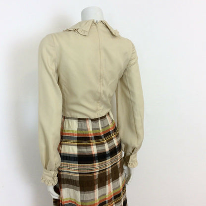 VINTAGE 60S CREAM,BROWN  PLAID TARTAN MAD MEN SECRETARY DAY DRESS 8 10