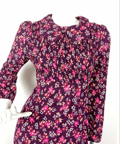 VTG 60s 70s PURPLE PINK WHITE FLORAL PSYCHEDELIC MOD SPOON COLLAR MAXI DRESS 8