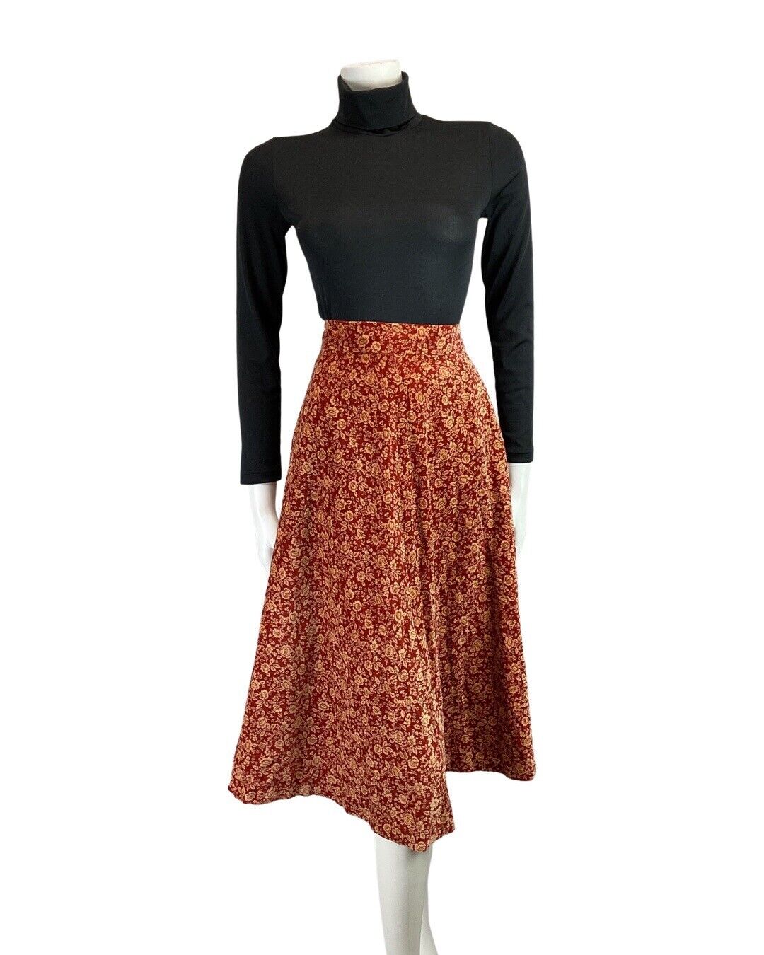 VINTAGE 60s 70s RED CREAM DITSY FLORAL BOHO FOLK VELVET KNEE-LENGTH SKIRT 10 12