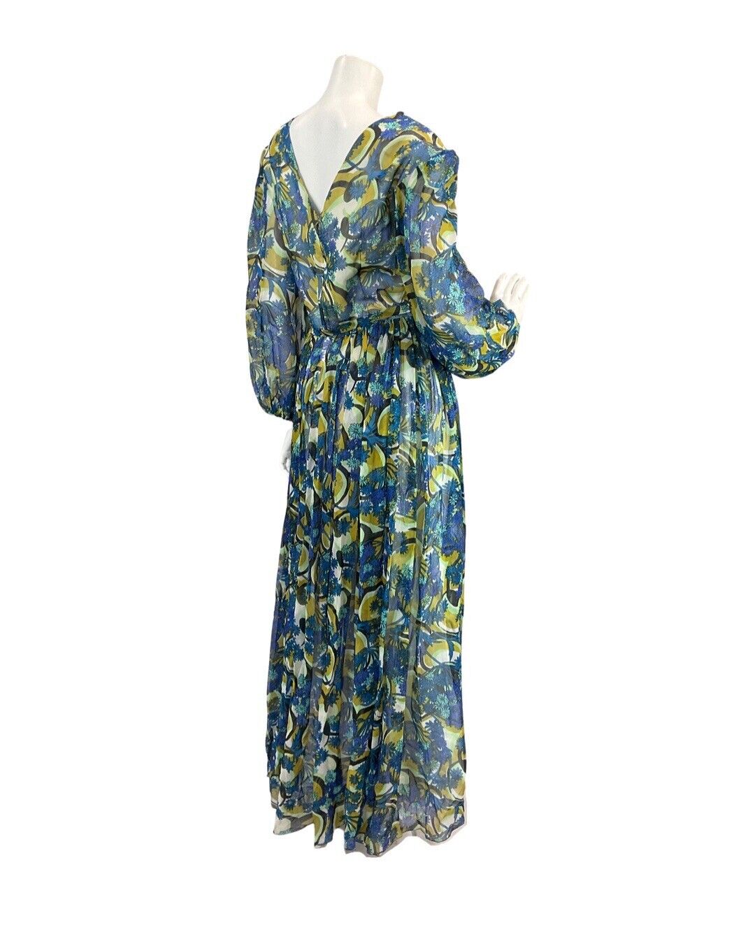 VINTAGE 60s 70s BLUE GREEN GOLD PSYCHEDELIC FLORAL SWIRL SHEER MAXI DRESS 8 10