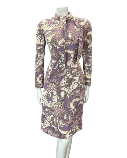 VINTAGE 60s 70s PURPLE CREAM PSYCHEDELIC FLORAL PUSSYBOW KNIT DRESS 10 12