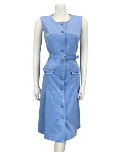 VINTAGE 60S 70S BLUE BUTTON DOWN MOD BELTED MIDI DRESS 10 12