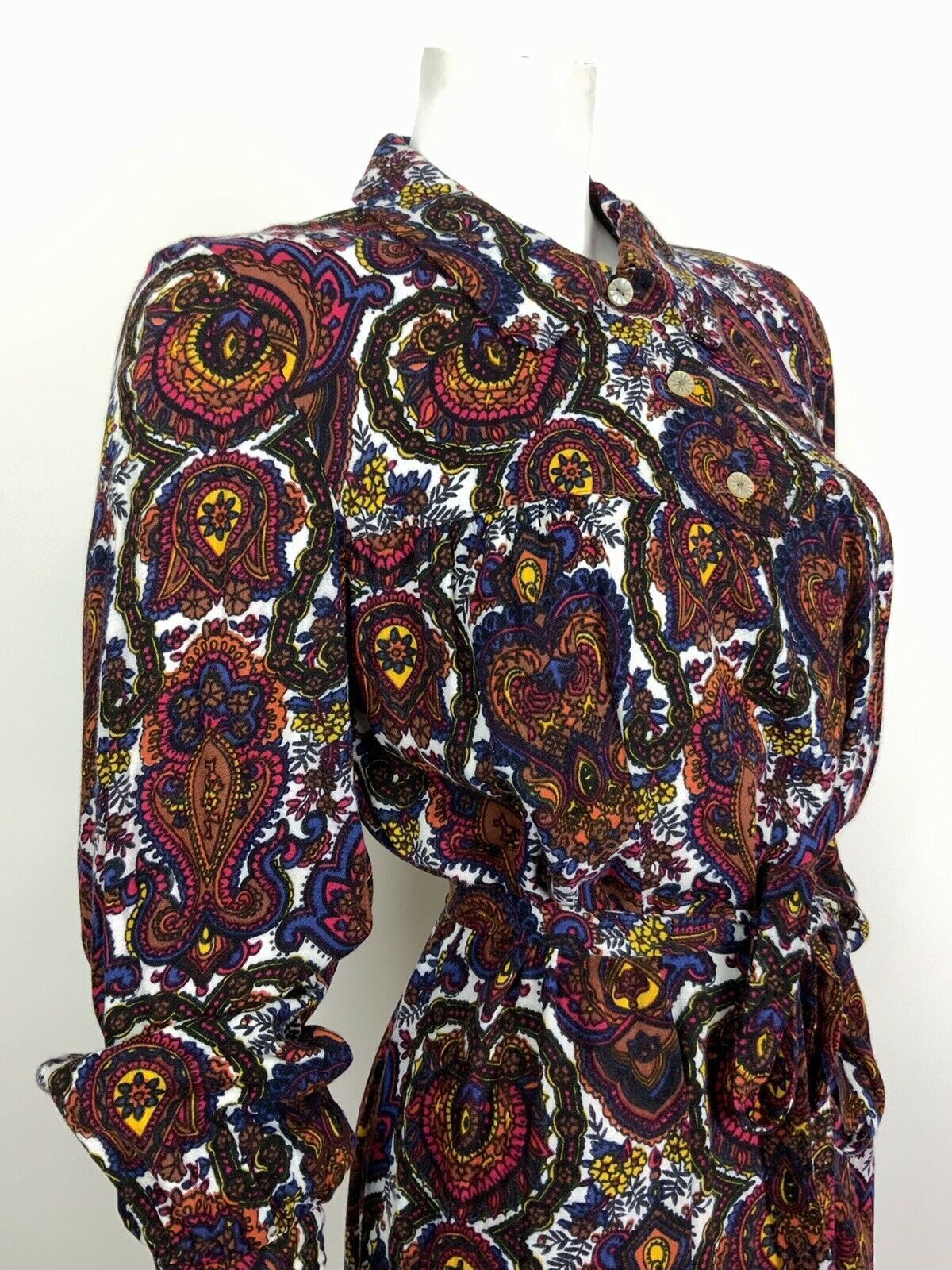 VTG 60s 70s WHITE BROWN BLUE RED PSYCHEDELIC PAISLEY FLORAL SHIRT DRESS 12 14