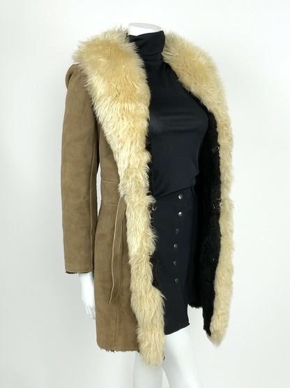 VINTAGE 60s 70s BROWN CREAM SUEDE SHEARLING AFGHAN FUR TRIM BOHO HIPPY COAT 8 10