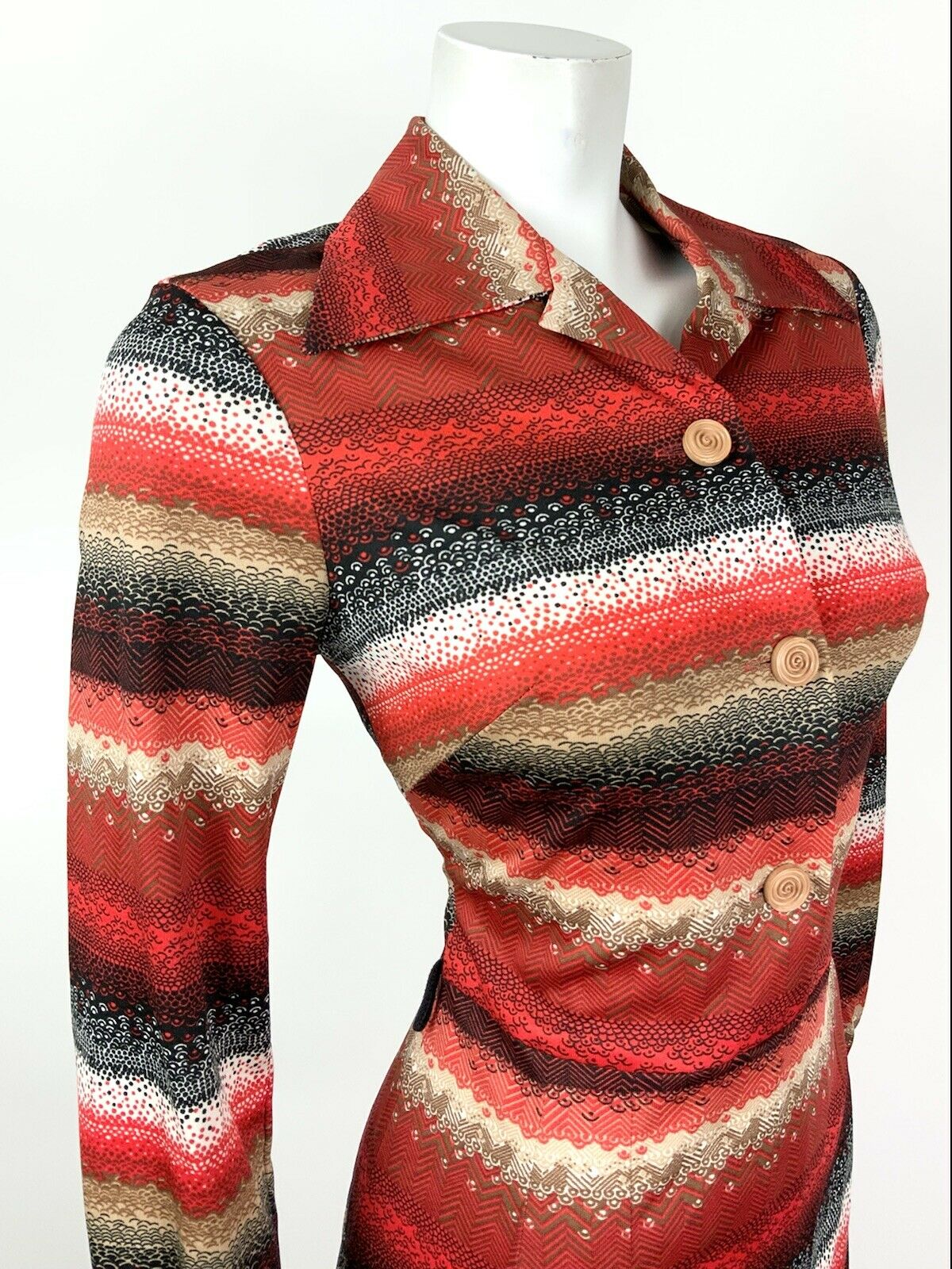 VTG 60s 70s RED BROWN WHITE BLACK STRIPED CHEVRON DOTTY DAGGER SHIRT DRESS 12 14