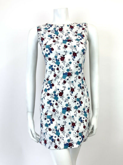 VINTAGE 60s 70s WHITE WINE RED BLUE FLORAL BOHO MOD SLEEVELESS MINI DRESS 8