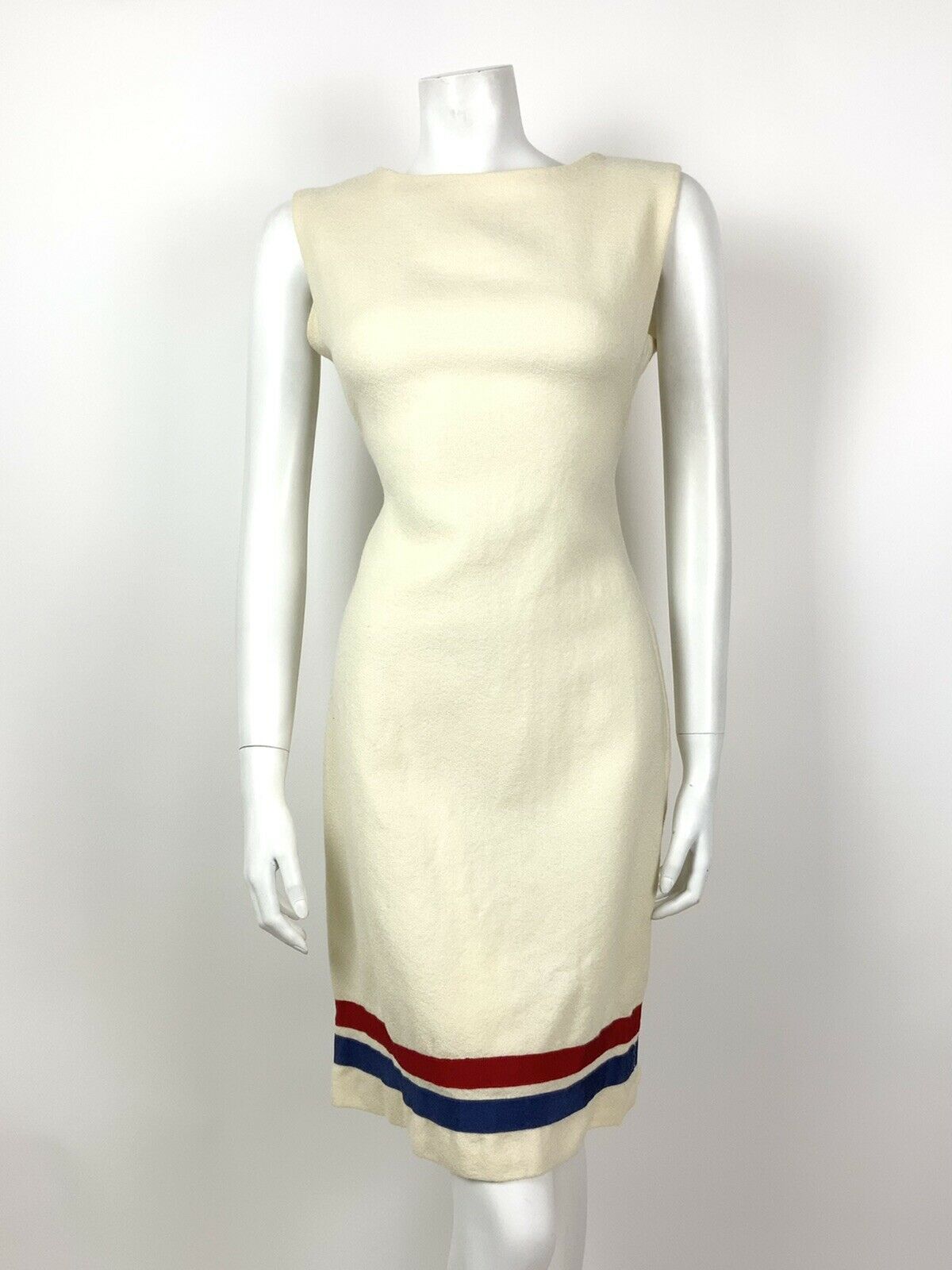 VINTAGE 60s 70s CREAM BLUE RED STRIPE MOD SLEEVELESS NAUTICAL DRESS 10 12