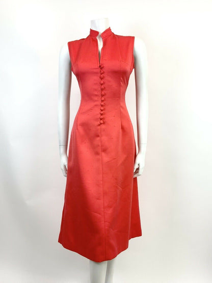 VINTAGE 60s 70s BRIGHT RED ELEGANT MANDARIN COLLAR STUDIO 54 MIDI DRESS 8 10