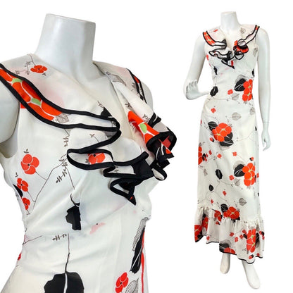 VINTAGE 60s 70s WHITE RED BLACK FLORAL RUFFLED MOD SLEEVELESS MAXI DRESS 8