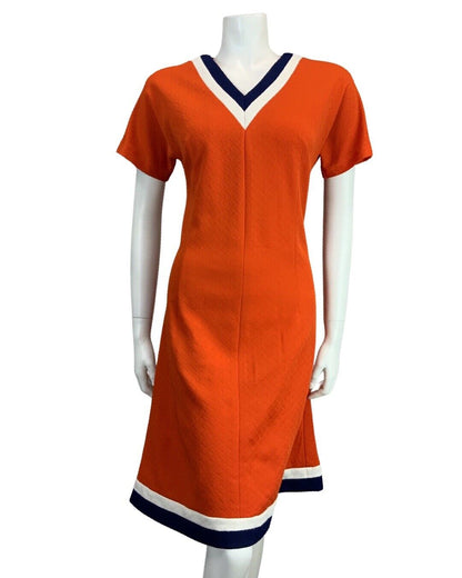 VINTAGE 60s 70s ORANGE NAVY BLUE WHITE MINI MOD NAUTICAL DRESS 10 12